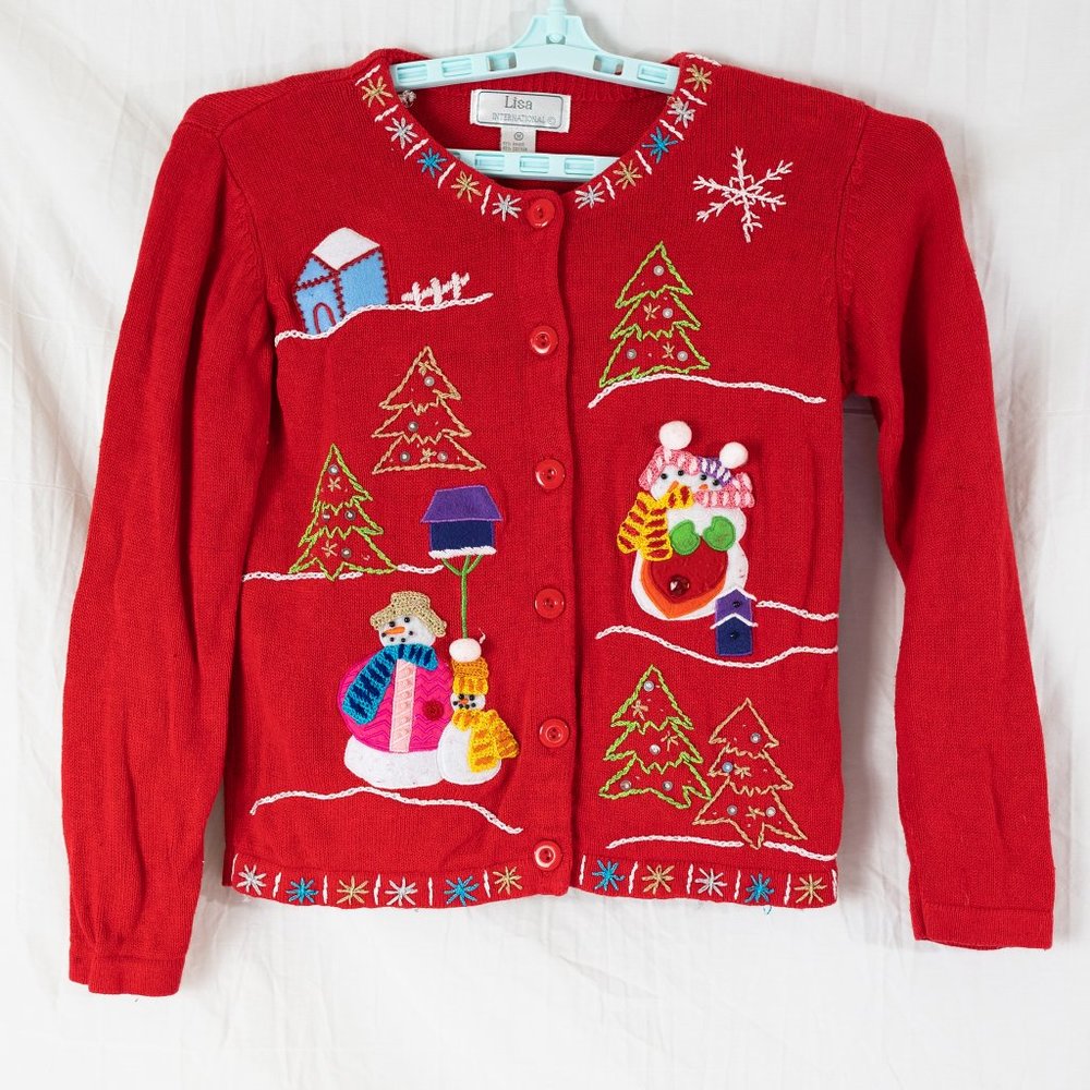 Vintage Lisa International Women's Christmas Sweater Button Front Snowman Size M